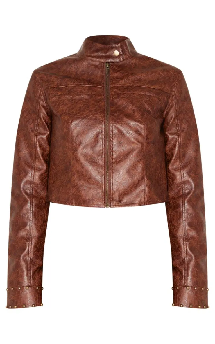 Online PrettyLittleThing Faux Leather Tie Detail Studded Biker Jacket Brown