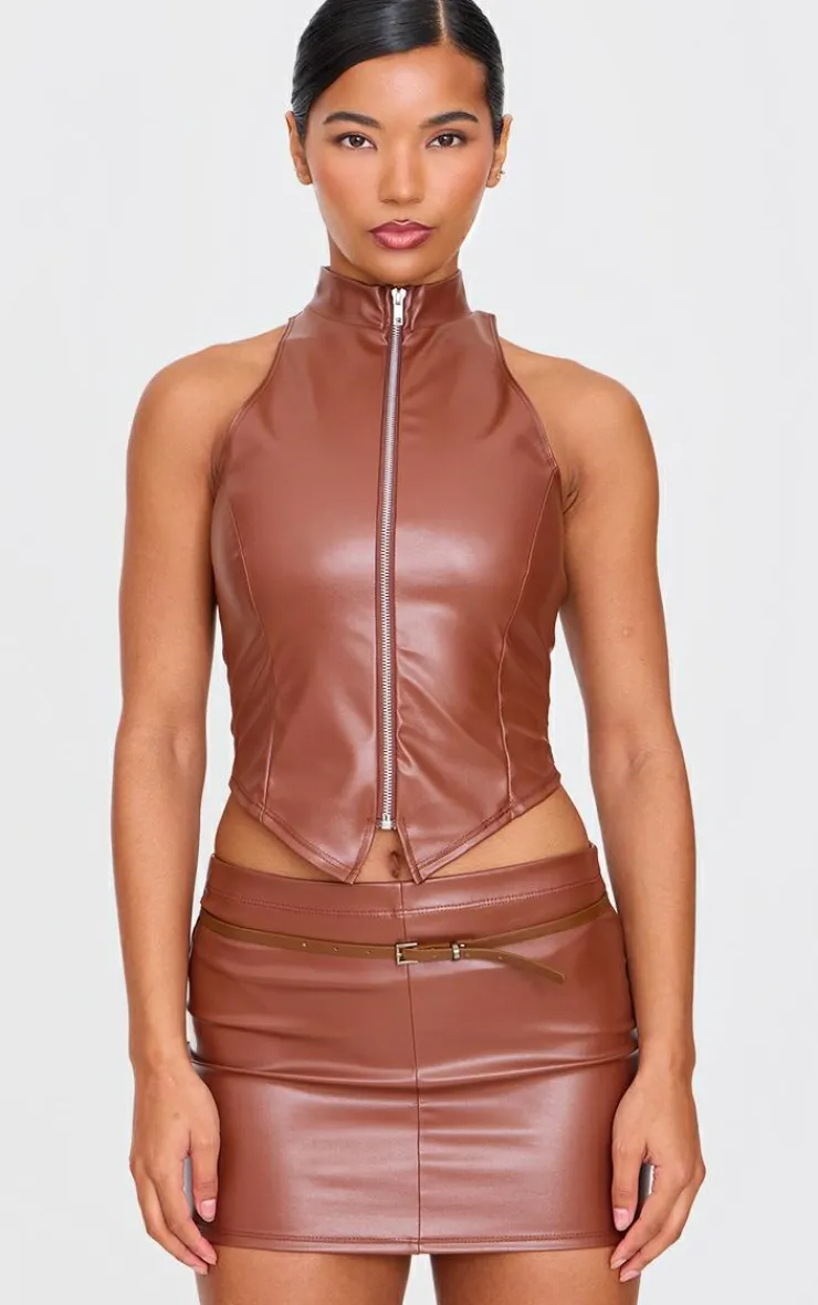 PrettyLittleThing Faux Leather Zip Up High Neck Top Brown
