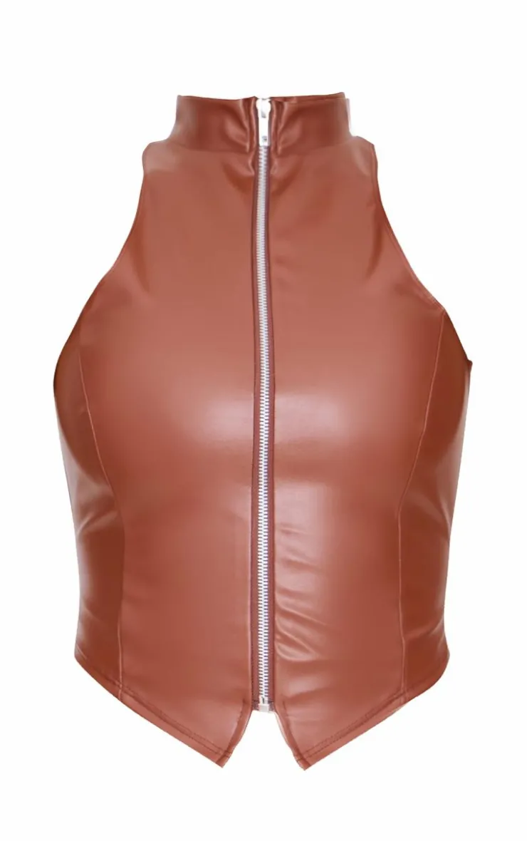 PrettyLittleThing Faux Leather Zip Up High Neck Top Brown