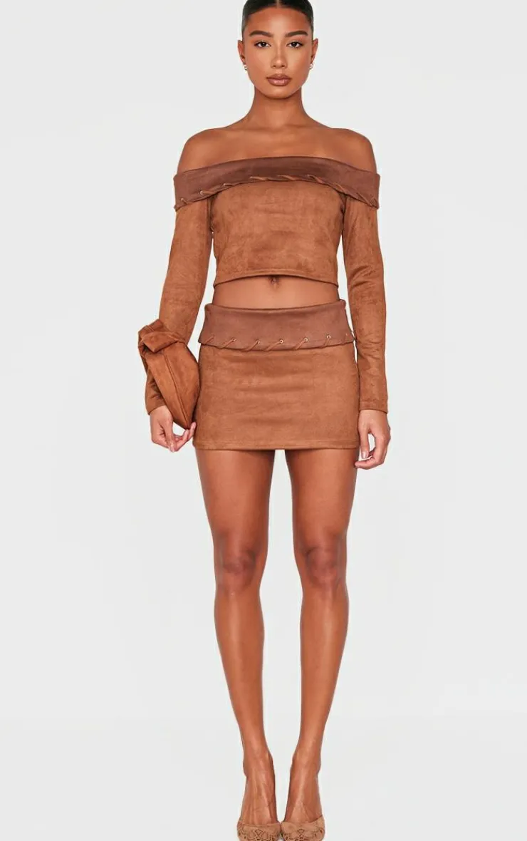 Discount PrettyLittleThing Faux Suede Contrast Fold Over Stitch Detail Mini Skirt Brown