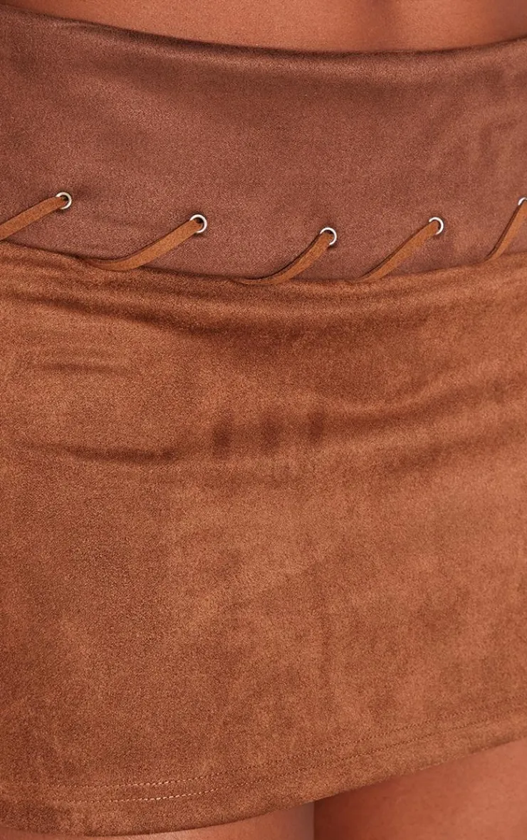 Discount PrettyLittleThing Faux Suede Contrast Fold Over Stitch Detail Mini Skirt Brown