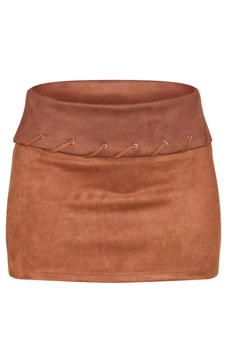 Discount PrettyLittleThing Faux Suede Contrast Fold Over Stitch Detail Mini Skirt Brown