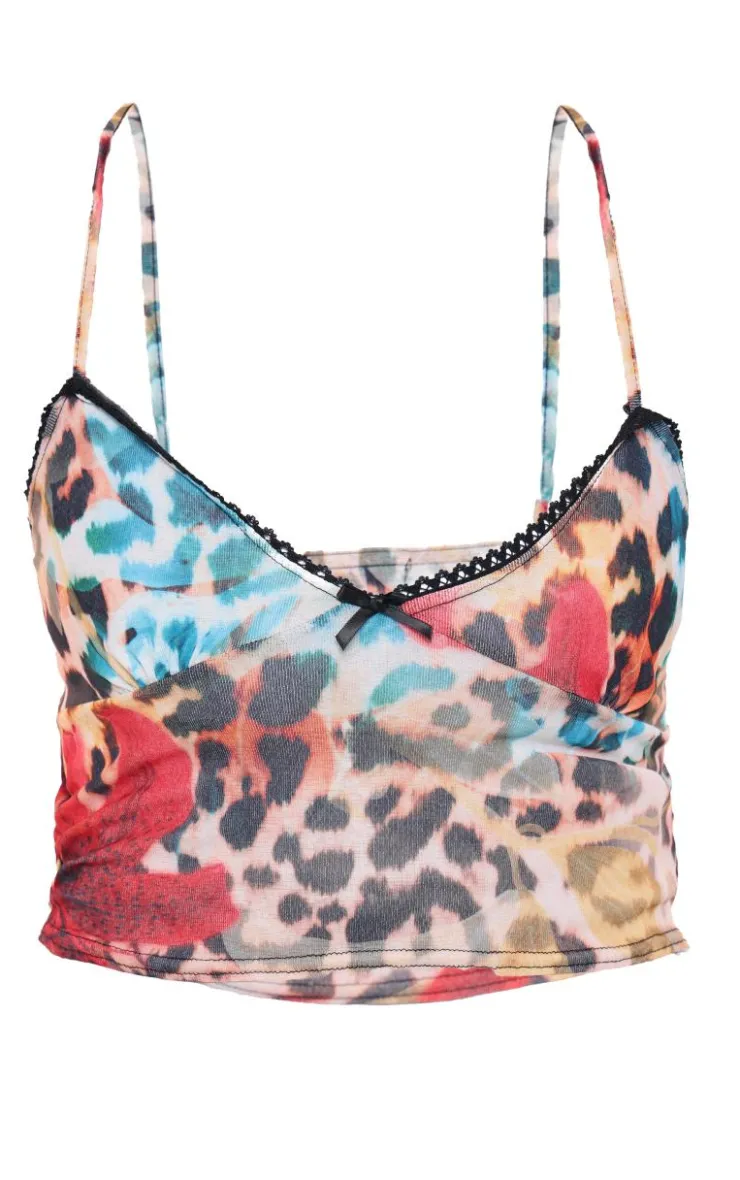 PrettyLittleThing Floral Leopard Onion Skin Ruched Lettuce Hem Cami Top Brown
