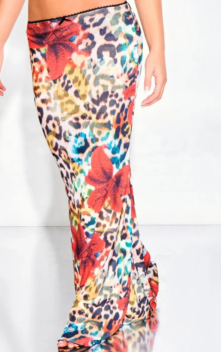 New PrettyLittleThing Floral Leopard Print Onion Skin Lettuce Hem Low Rise Maxi Skirt Brown