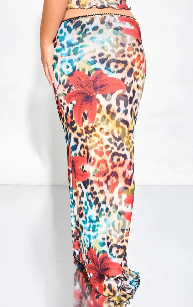 New PrettyLittleThing Floral Leopard Print Onion Skin Lettuce Hem Low Rise Maxi Skirt Brown