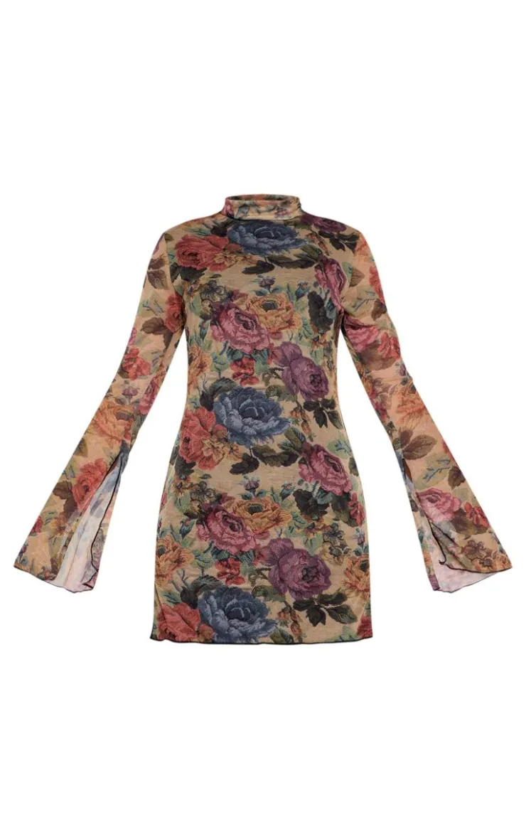 Floral Print High Neck Flared Sleeve Shift Dress-PrettyLittleThing Sale