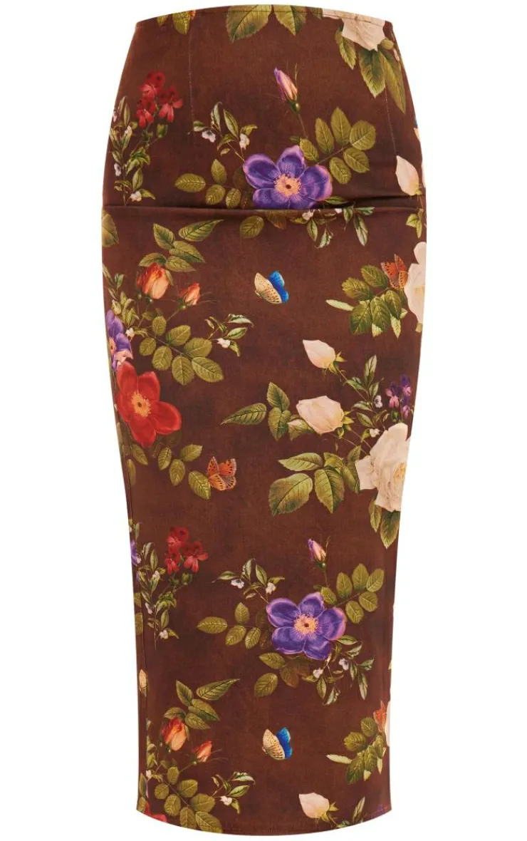 Outlet PrettyLittleThing Floral Print Midaxi Skirt Brown