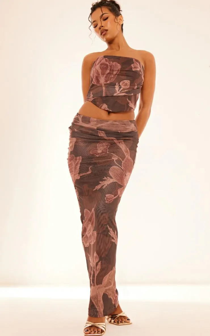 Online PrettyLittleThing Floral Printed Ruched Bandeau Corset Brown