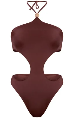 Brown Halter Neck Gold Trim Cut Out Swimsuit