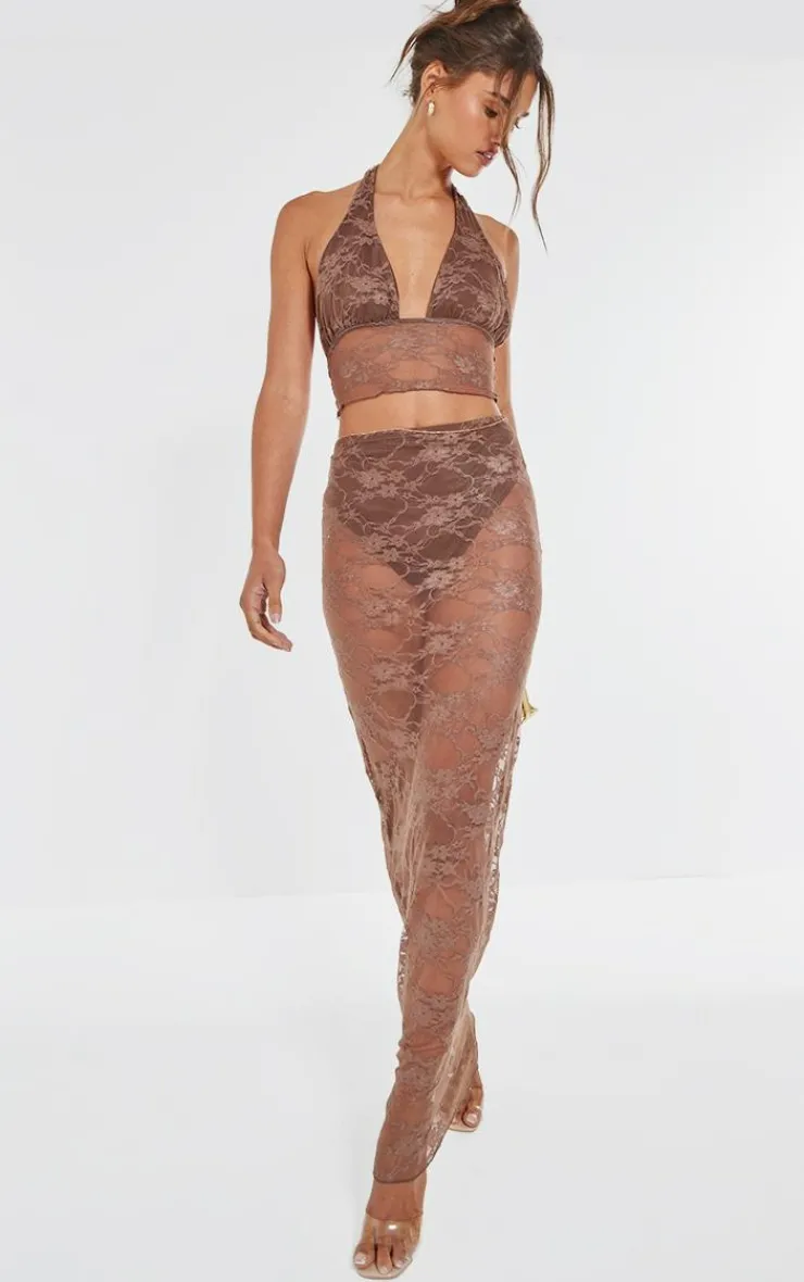 Clearance PrettyLittleThing Lace Sheer Maxi Skirt Brown