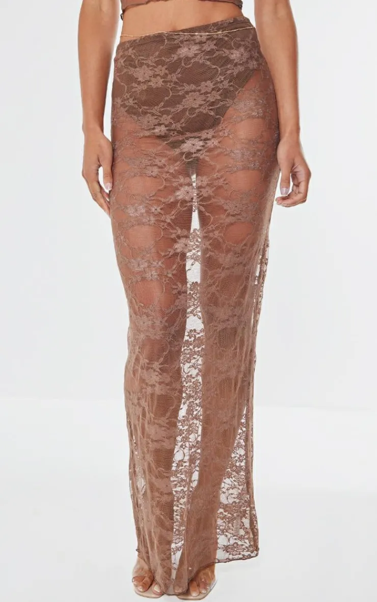 Clearance PrettyLittleThing Lace Sheer Maxi Skirt Brown