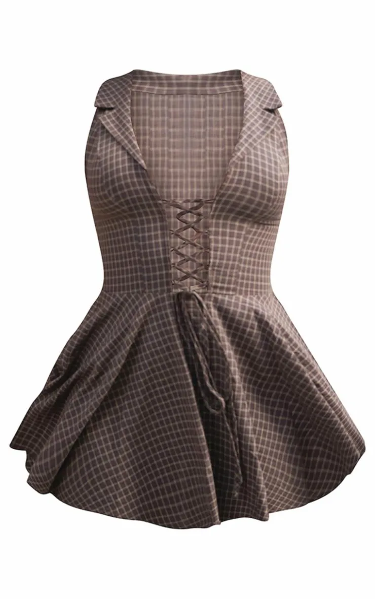 Lace Up Check Shift Dress-PrettyLittleThing Clearance