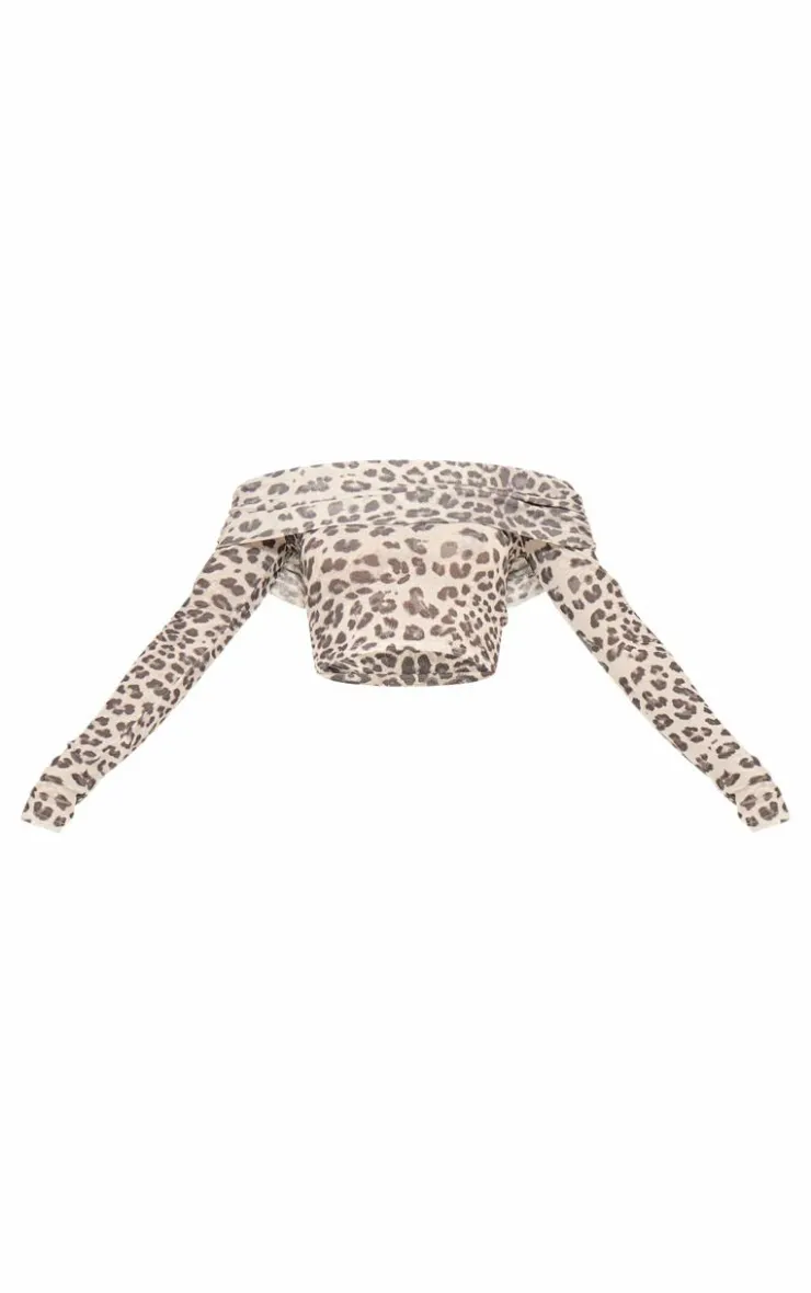 New PrettyLittleThing Leopard Burnout Fold Over Hem Bardot Top Brown