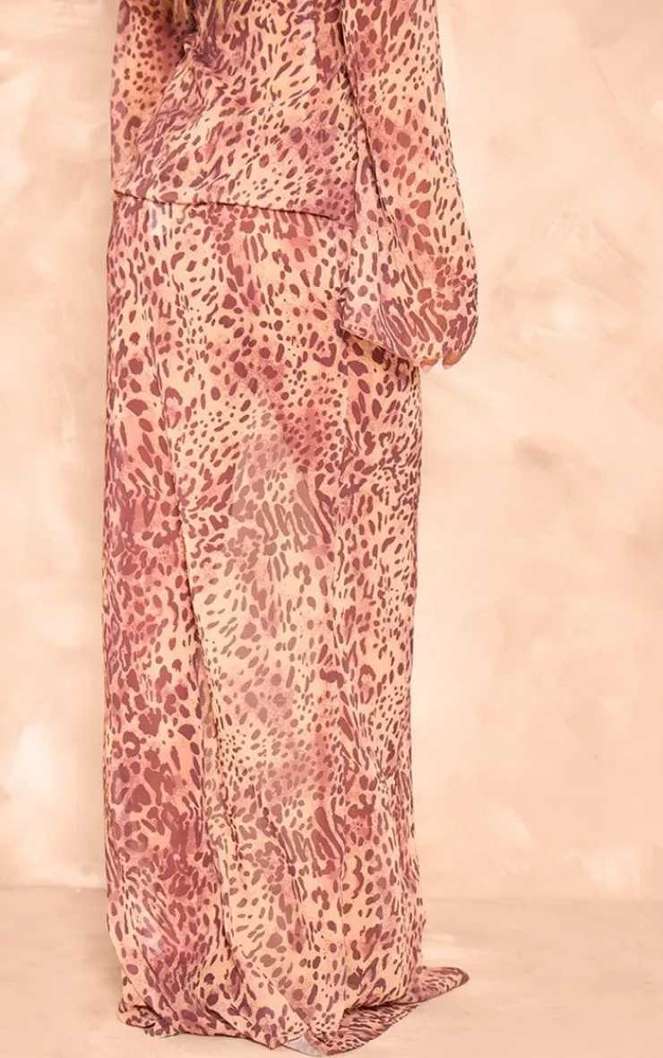New PrettyLittleThing Leopard Print Chiffon Side Split Maxi Skirt Brown