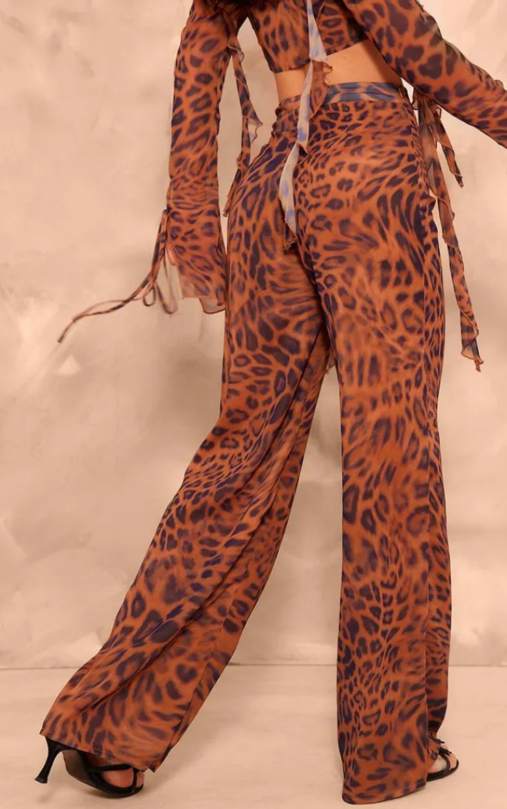 Hot PrettyLittleThing Leopard Print Chiffon Mid Rise Wide Leg Pants Brown