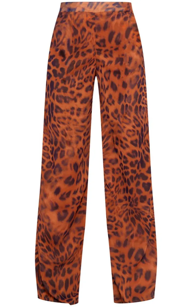 Hot PrettyLittleThing Leopard Print Chiffon Mid Rise Wide Leg Pants Brown