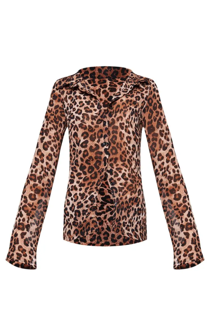 PrettyLittleThing Shirts*Leopard Print Chiffon Fitted Long Sleeve Shirt