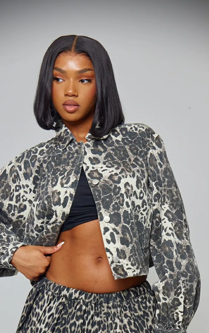 Brown Leopard Print Cropped Boxy Jacket
