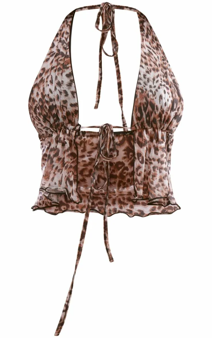 PrettyLittleThing Leopard Print Mesh Halterneck Top Brown