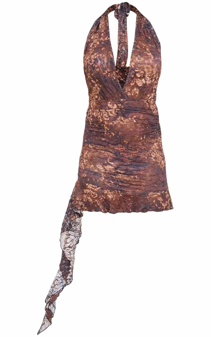 Leopard Print Mesh Halterneck Ruched Mini Dress-PrettyLittleThing Online