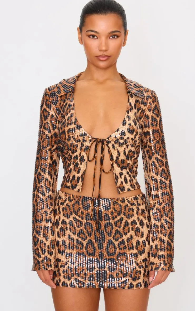 Hot PrettyLittleThing Leopard Print Sequin Mini Skirt Brown