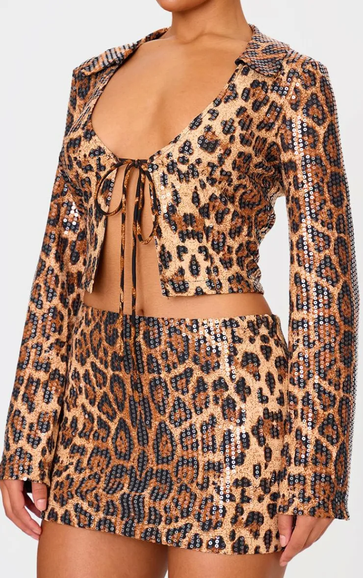 Hot PrettyLittleThing Leopard Print Sequin Mini Skirt Brown