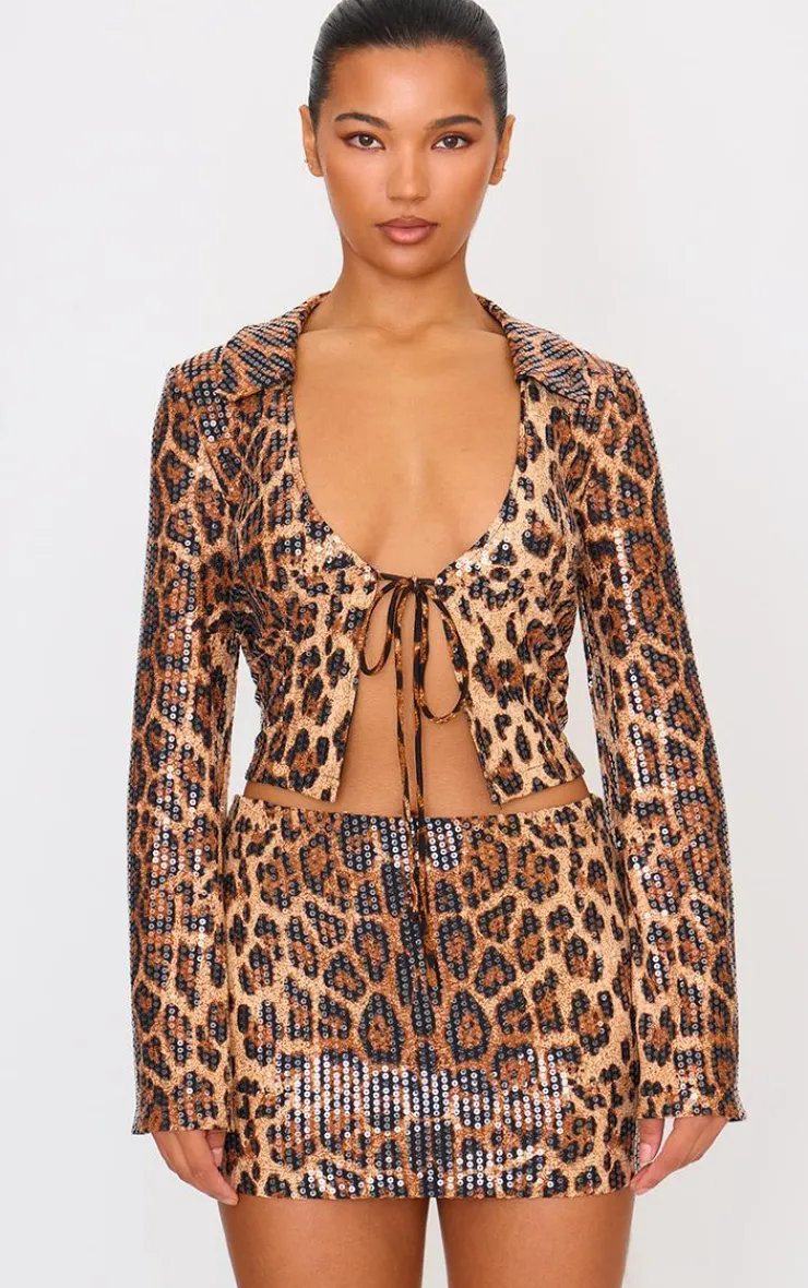 PrettyLittleThing Leopard Print Sequin Tie Front Detail Long Sleeve Shirt Brown