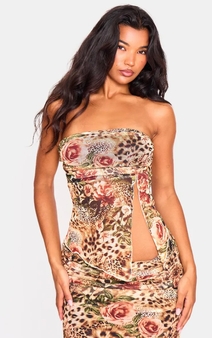 Online PrettyLittleThing Leopard Printed Mesh Side Open Bandeau Brown
