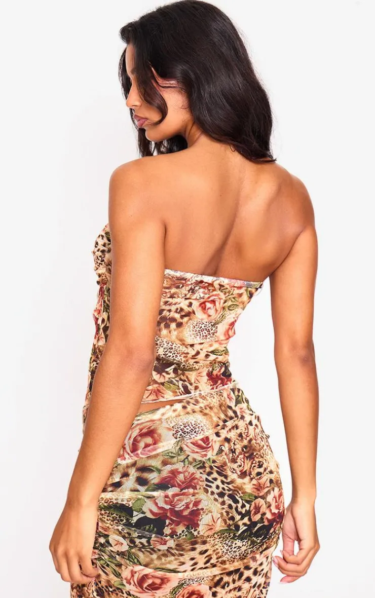 Online PrettyLittleThing Leopard Printed Mesh Side Open Bandeau Brown