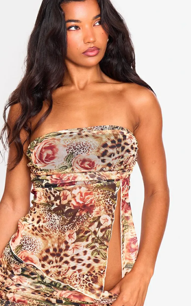 Online PrettyLittleThing Leopard Printed Mesh Side Open Bandeau Brown
