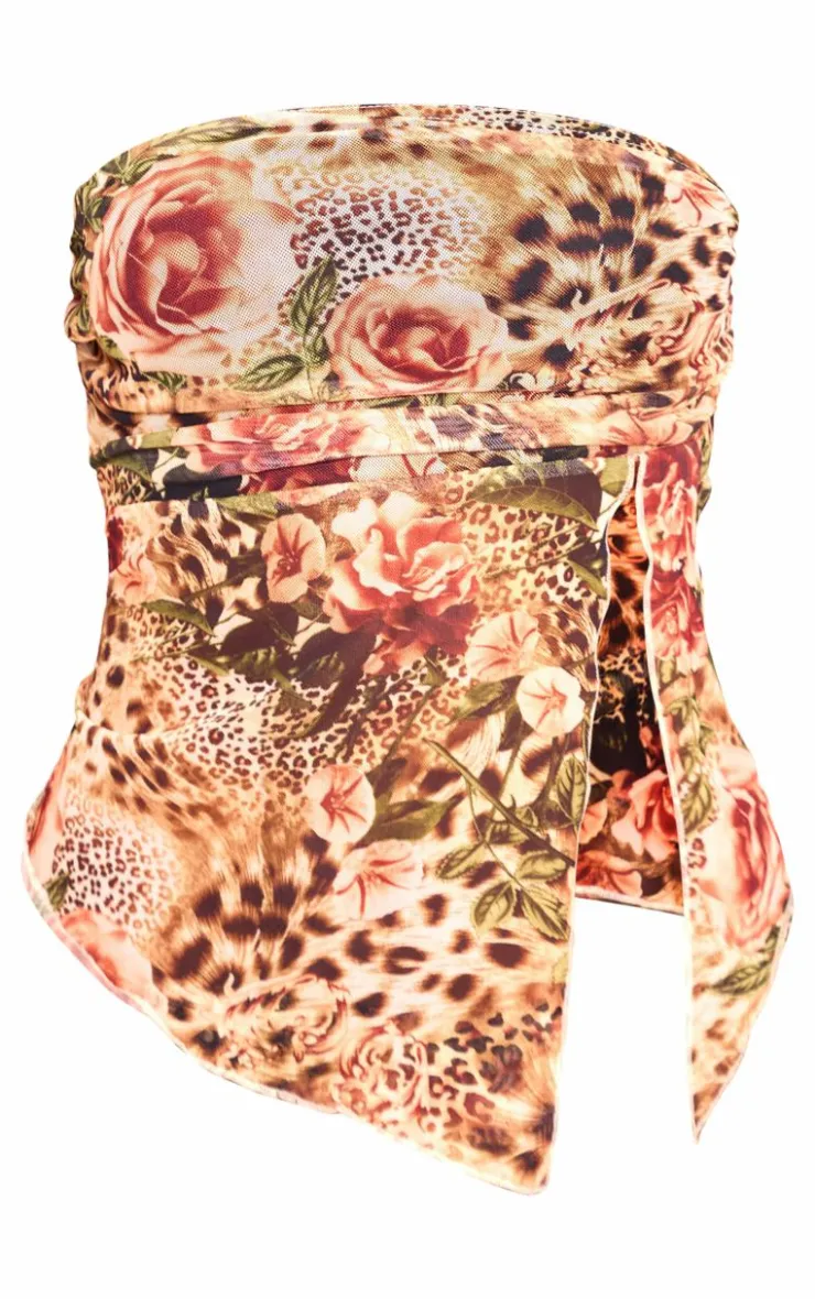Online PrettyLittleThing Leopard Printed Mesh Side Open Bandeau Brown