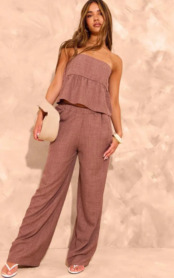 Hot PrettyLittleThing Linen Look Mid Rise Wide Leg Pants Brown
