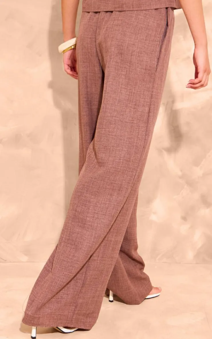 Hot PrettyLittleThing Linen Look Mid Rise Wide Leg Pants Brown