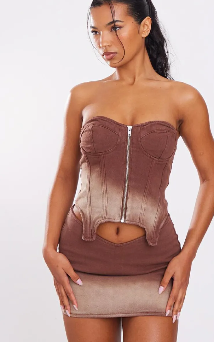 Outlet PrettyLittleThing Ombre Wash Bandeau Zip Denim Corset Brown