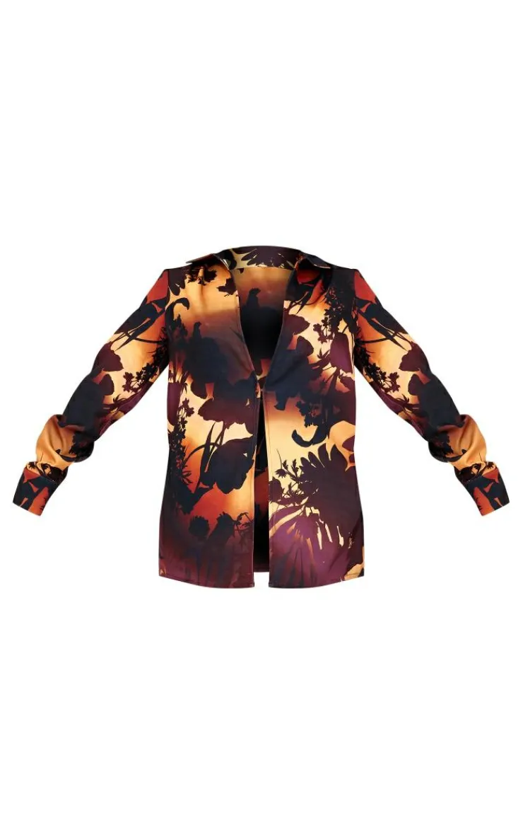 Hot PrettyLittleThing Oversized Floral Ombre Print Shirt Brown