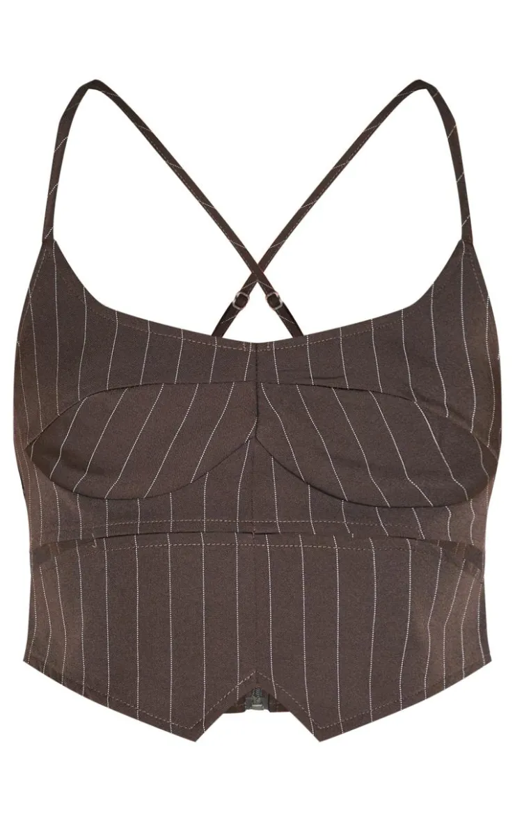PrettyLittleThing Corsets*Premium Woven Pinstripe Cross Back Cropped Corset