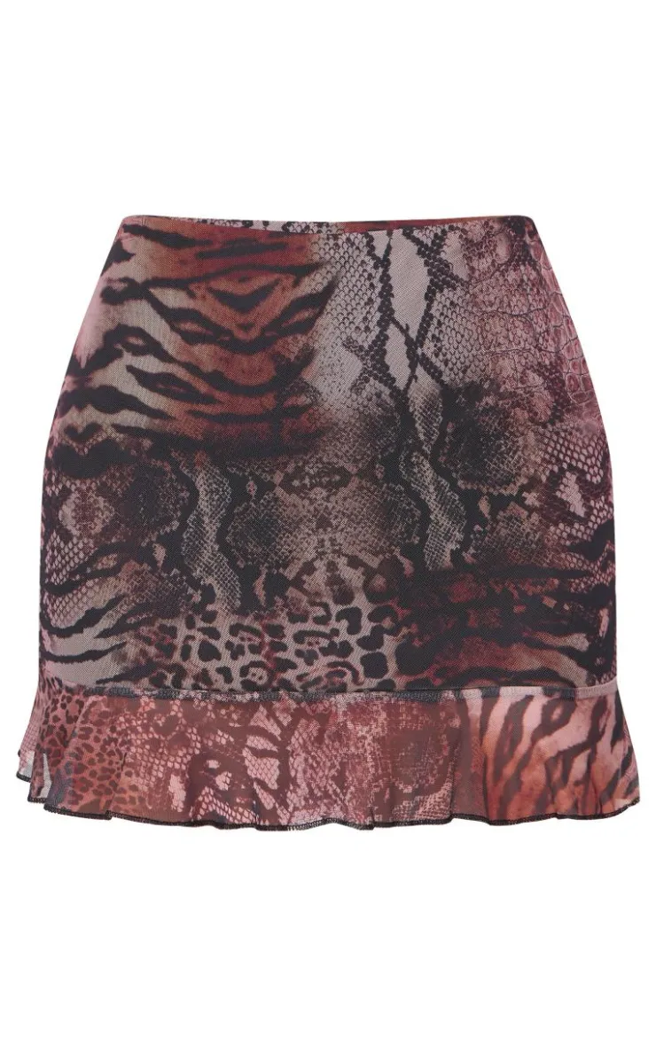 Clearance PrettyLittleThing Printed Mesh Frill Hem Mini Skirt Brown