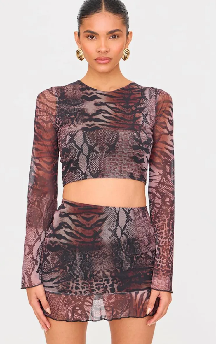Online PrettyLittleThing Printed Mesh Long Sleeve Top Brown