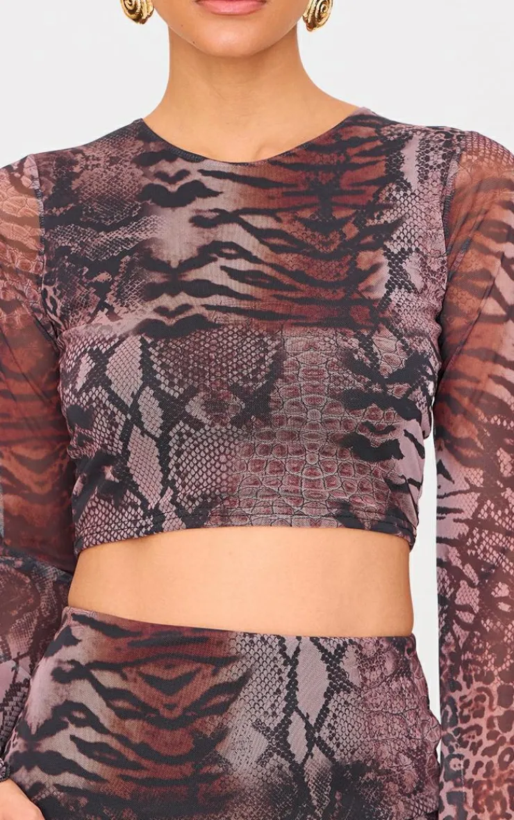 Online PrettyLittleThing Printed Mesh Long Sleeve Top Brown