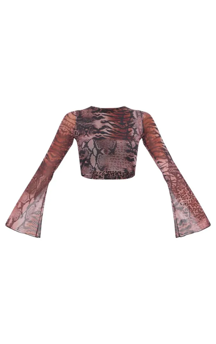 Online PrettyLittleThing Printed Mesh Long Sleeve Top Brown