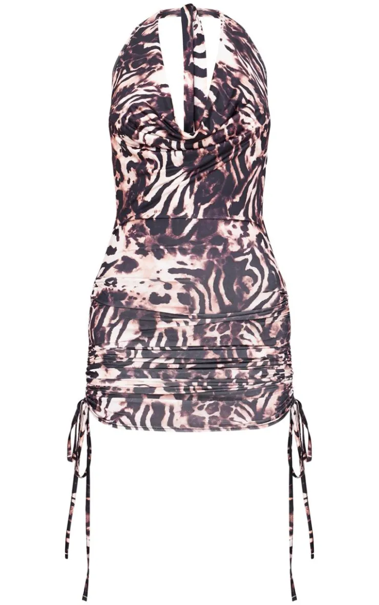 Printed Slinky Cowl Neck Ruched Side Mini Dress-PrettyLittleThing New