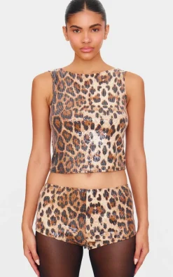 Outlet PrettyLittleThing Sequin Leopard Print Boat Neck Long Line Top Brown