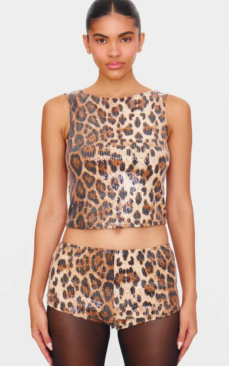 Outlet PrettyLittleThing Sequin Leopard Print Boat Neck Long Line Top Brown