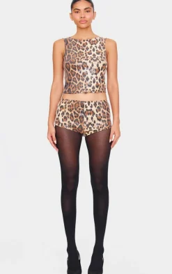 Outlet PrettyLittleThing Sequin Leopard Print Boat Neck Long Line Top Brown