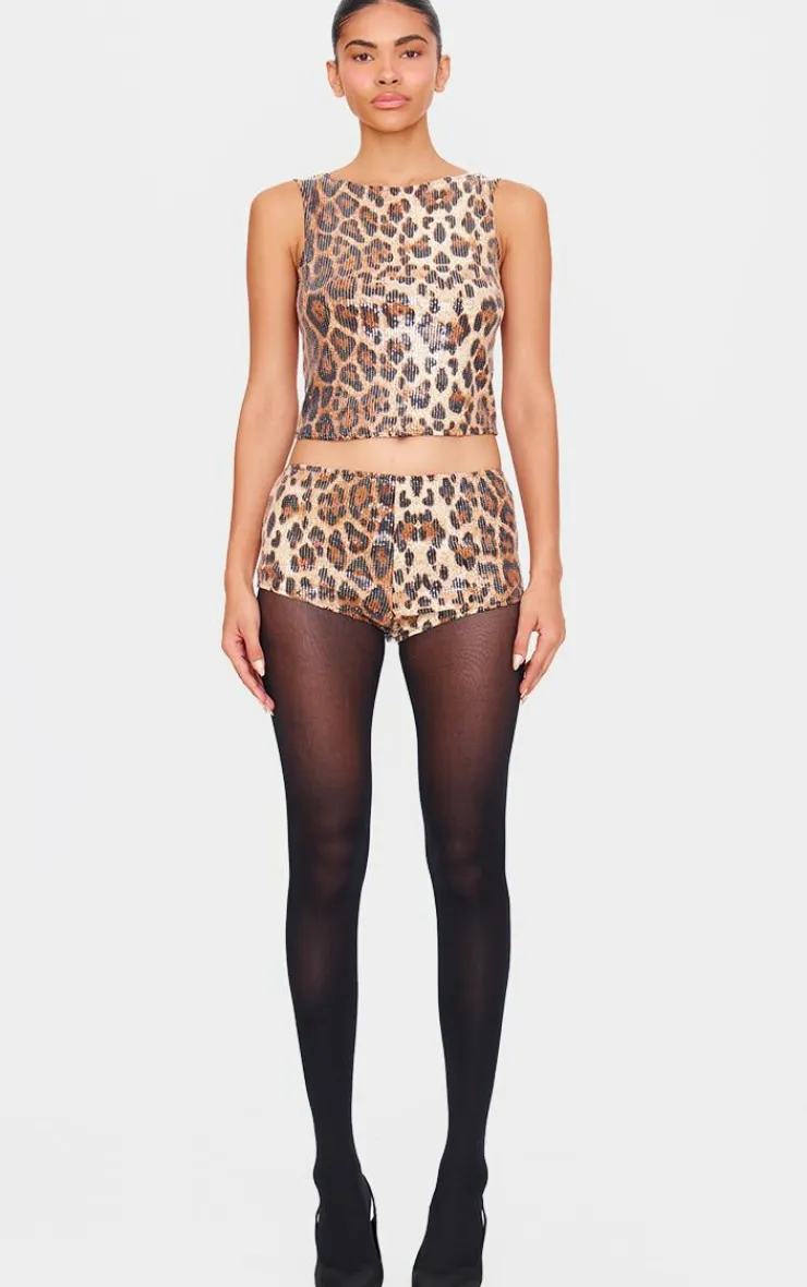Outlet PrettyLittleThing Sequin Leopard Print Boat Neck Long Line Top Brown