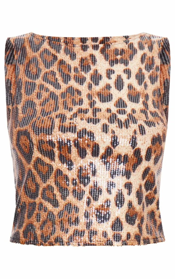 Outlet PrettyLittleThing Sequin Leopard Print Boat Neck Long Line Top Brown