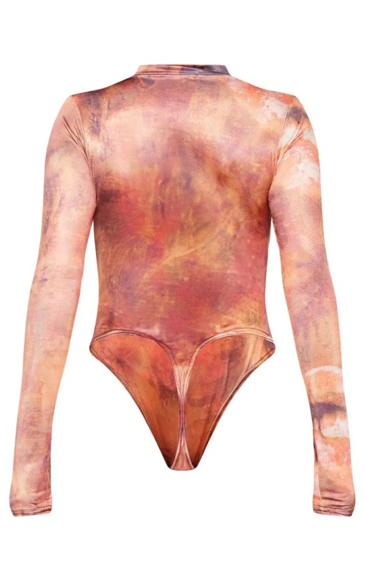 Brown Slinky Printed Cut Out Bodysuit