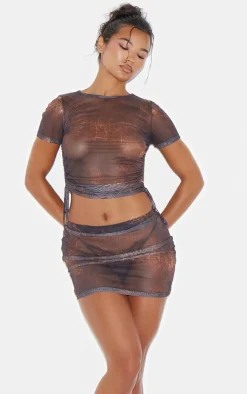 PrettyLittleThing Snake Print Mesh Micro Mini Skirt Brown