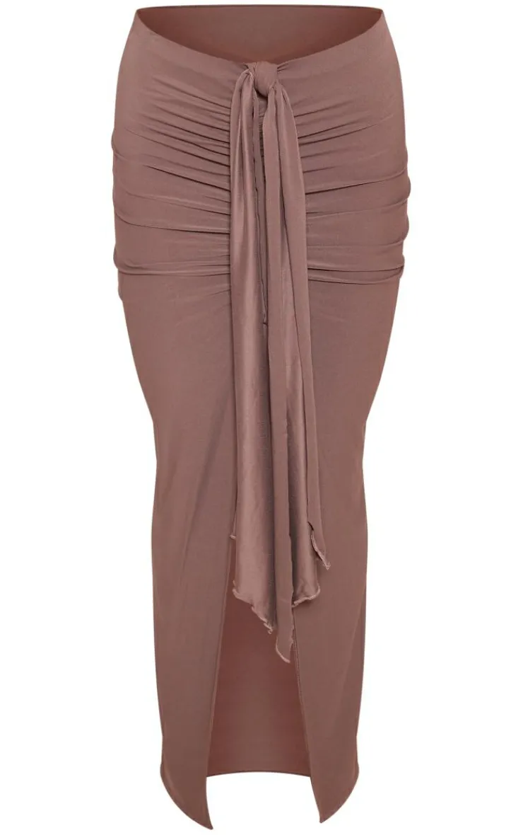 Discount PrettyLittleThing Soft Touch Ruched Knot Detail Split Leg Midaxi Skirt Brown