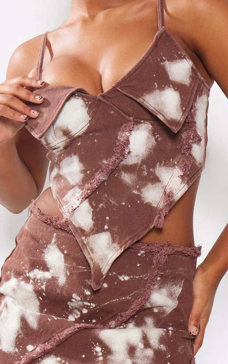 Discount PrettyLittleThing Splatter Fray Denim Mini Skirt Brown
